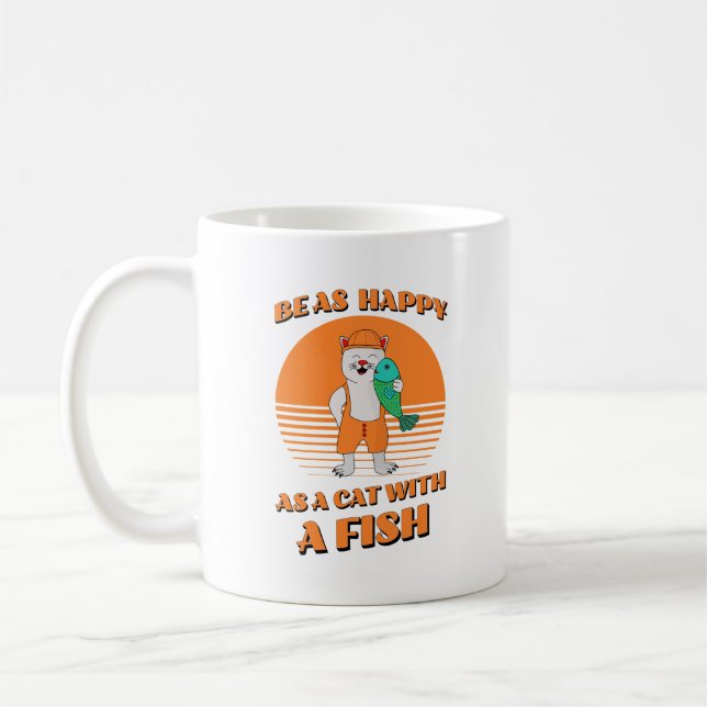 Katt från lycklig med fisk. Kattfiskare. Funny Kaffemugg (Vänster)