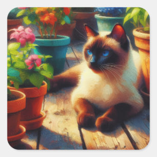 Katt från Siamese i Garden-Oljemålningen Fyrkantigt Klistermärke