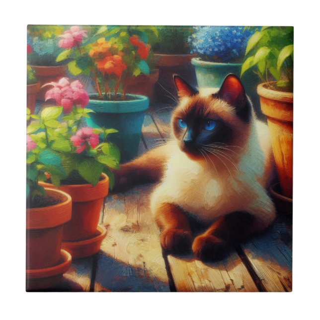 Katt från Siamese i Garden-Oljemålningen Kakelplatta (Framsidan)