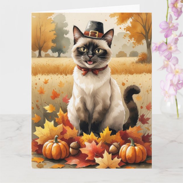 Katt från Siamese i Höst löv Thanksgiving Art Kort (Orkide)