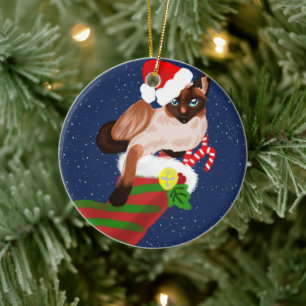 Katt från Siamese med strumpor och julhatt Julgransprydnad Keramik