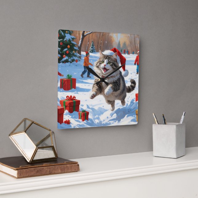 Katt från Sibirien som går i Snö med julklapp Fyrkantig Klocka (Kontor)