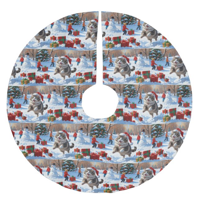 Katt från Sibirien som går i Snö med julklapp Julgransmatta Borstad Polyester (Framsidan)