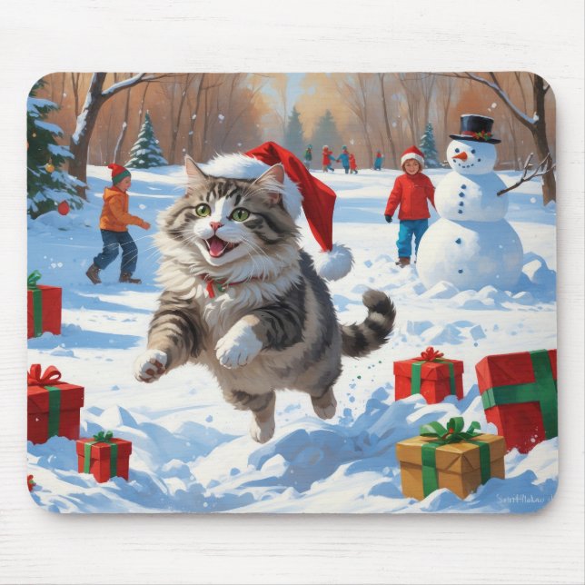 Katt från Sibirien som går i Snö med julklapp Musmatta (Framsidan)