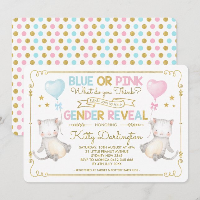 Katt Gender Reveal Kitten Baby Shower Boy eller Gi Inbjudningar (Fram/baksida)