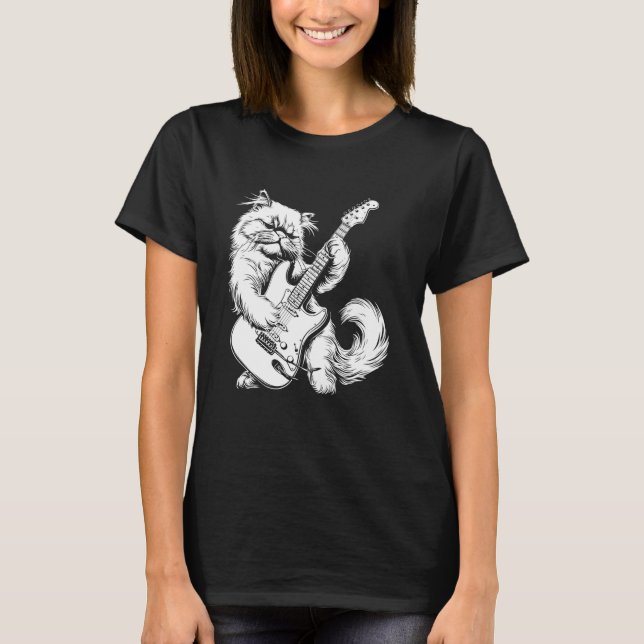 Katt Gitarrist Gitarr - Persisk Pappa Mamma T Shirt (Framsida)