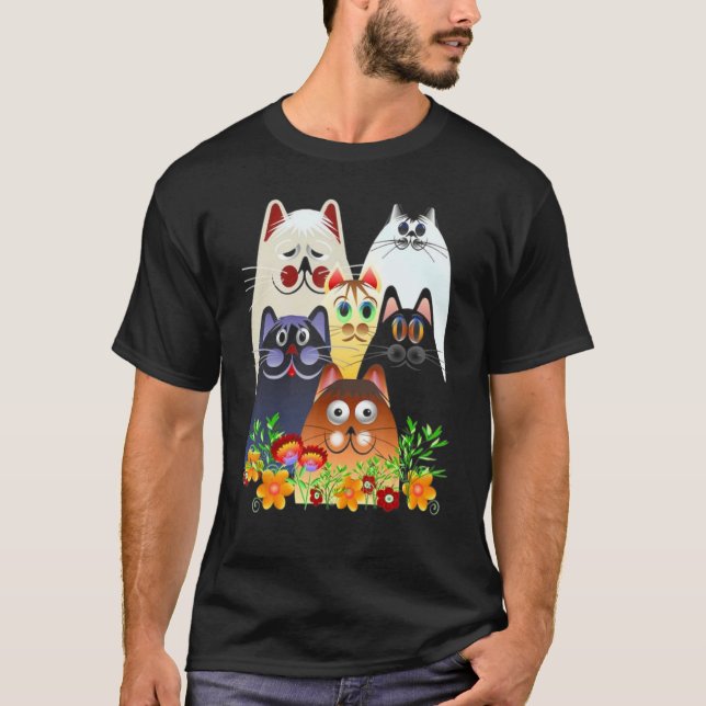 Katt Glad Färgglada Blommor T Shirt (Framsida)