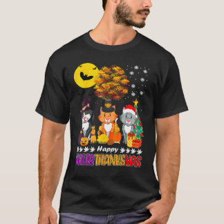 Katt Glad Hallothanksmas Halloween Tacksgiving Jul T Shirt