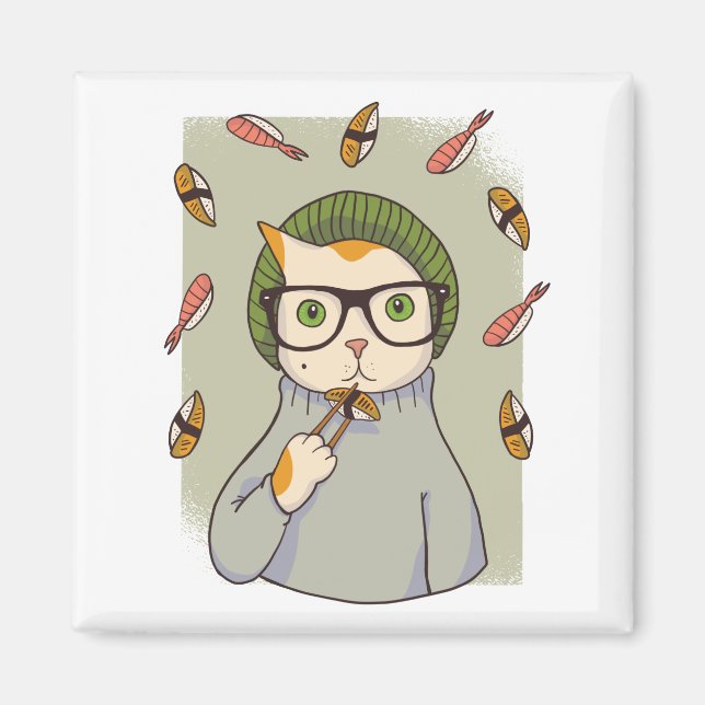 Katt Gourmet Sushi Älskar Design Magnet (Framsidan)