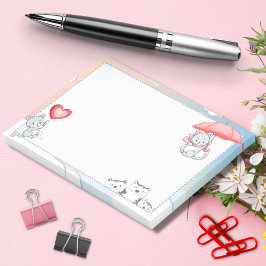 Katt håller paraply hjärta ballong flygande i luft post-it block