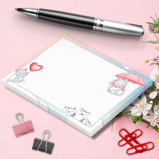 Katt håller paraply hjärta ballong flygande i luft post-it block (Skapare uppladdad)