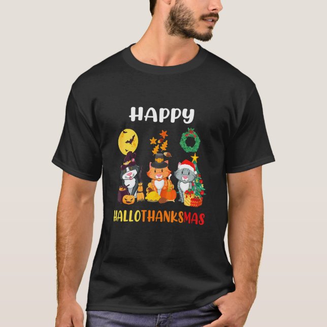 Katt Halloween jul Glad Hallothanksmas Tack T Shirt (Framsida)