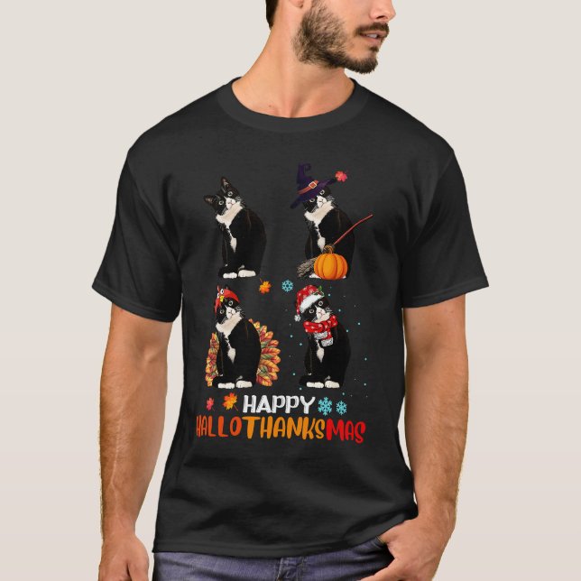 Katt Halloween Och God Jul Glad Hallothank T Shirt (Framsida)