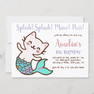Katt Havfrue Flickans födelsedag Meowmaid Purrmaid Inbjudningar