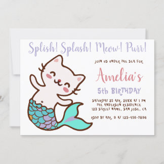 Katt Havfrue Flickans födelsedag Meowmaid Purrmaid Inbjudningar