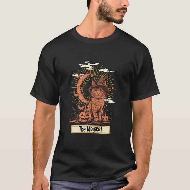 Katt Häxa Magi Halloween Tarotkort Pumpa T Shirt (Framsida)