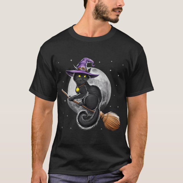 Katt Häxa Ridande Sopborste T Shirt (Framsida)