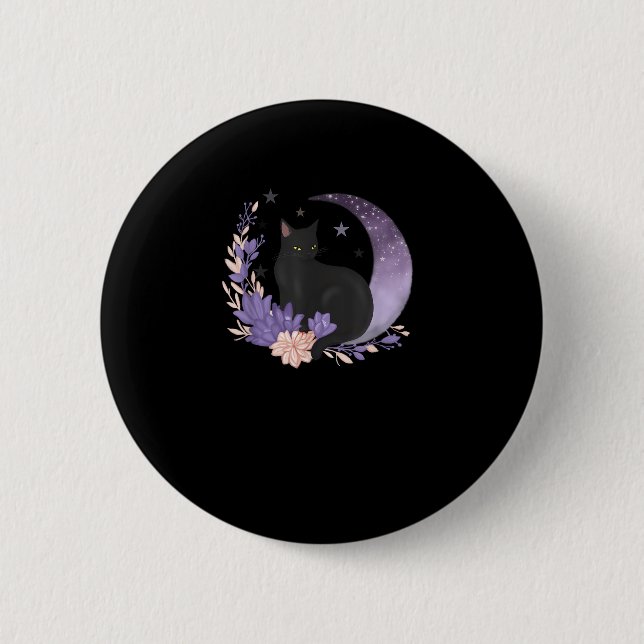 Katt Häxig Mån Blommor Pastell Goth Goblincore Knapp (Framsida)