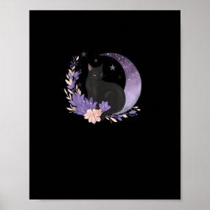 Katt Häxig Mån Blommor Pastell Goth Goblincore Poster