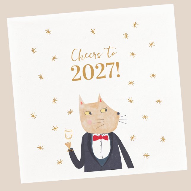 Katt hejar på det nya året 2027 pappersservett (Fun Cat in a Tuxedo and Bow Tie New Year 2027 party paper napkin)