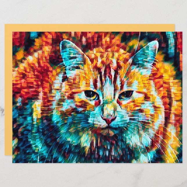Katt Hippie Färgrik Orange Groovy Art Dekoupage (Fram/baksida)
