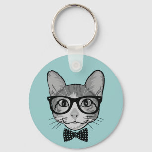 Katt Hipster med prickig fluga Nyckelring