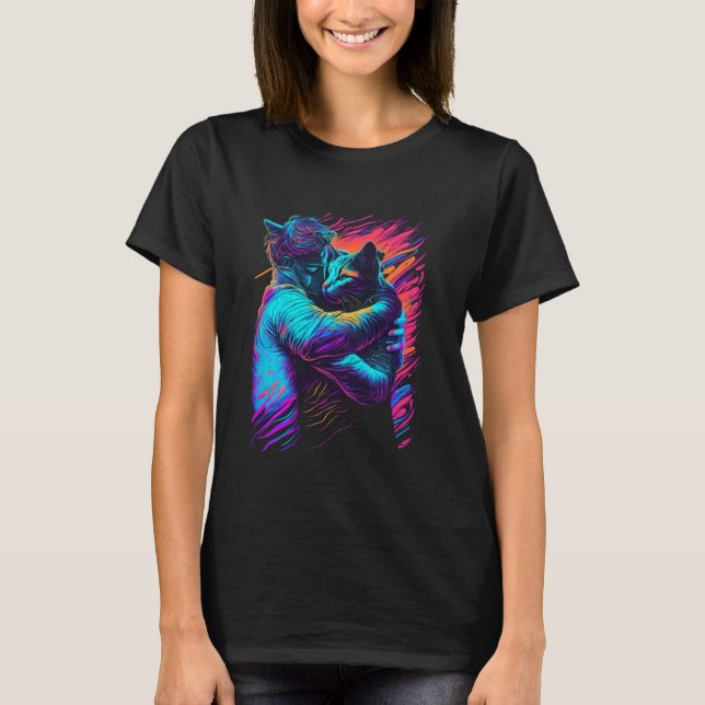 Katt Hugg Färgglad Psykedelisk Konst T Shirt (Framsida)
