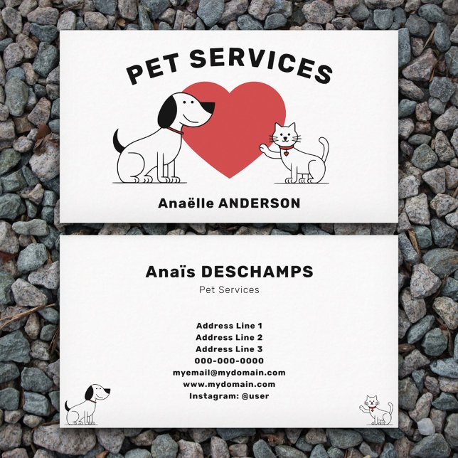 Katt, Hund och hjärta - Pet-tjänster Visitkort (Cat, Dog & Heart - Pet Services Business Card)