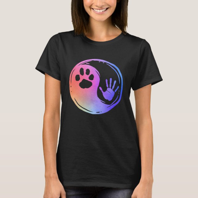 Katt Hund Tassavtryck Yin Yang Regnbåge Handavtryc T Shirt (Framsida)