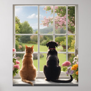 Katt-Hund Tittar i fönstret Poster