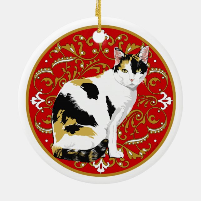 Katt i barockstil med flera färger julgransprydnad keramik (Baksidan)