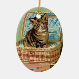 Katt i Basket Julgransprydnad Keramik