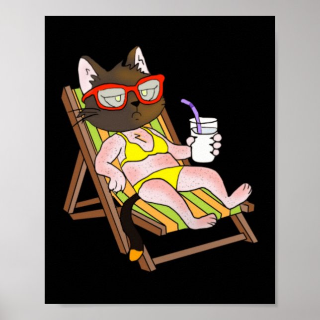 Katt i bikini på strandstol som dricker poster (Framsidan)