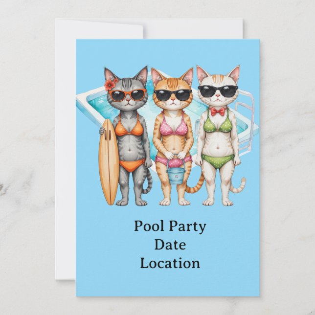 Katt i Bikinipoolparty Inbjudningar (Framsida)
