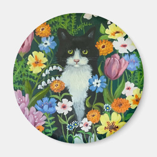 Katt i blommor Magnet