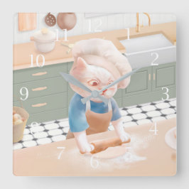 Katt i Chef Hat Rolling Dough på köket Wa Fyrkantig Klocka
