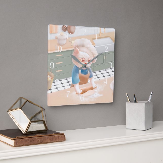 Katt i Chef Hat Rolling Dough på köket Wa Fyrkantig Klocka (Kontor)