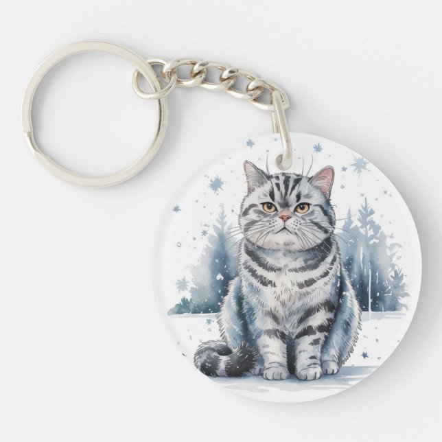 Katt i den runda akrylnyckelkedjan Snö 1 (Framsidan)