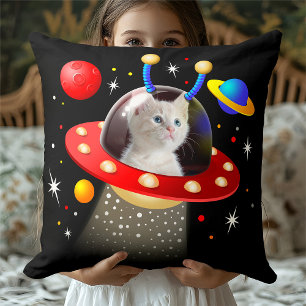 Katt i en Alien Spaceship UFO Sci Fi Scene Kudde