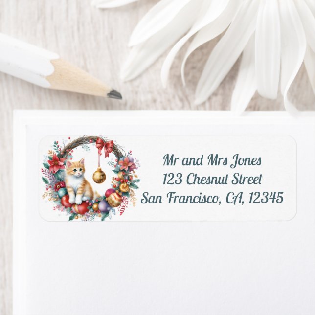 Katt i en Blommigt vid jul, andedräkt 2-Returadres Returadress Etikett (Insitu)