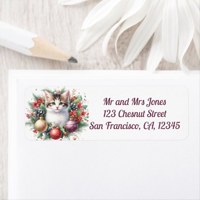 Katt i en julklapp Blommigt Utandning 5- Returadre Returadress Etikett (Insitu)