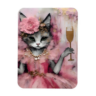 Katt i en Rosa Dress med en gyllene dryck Magnet