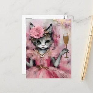 Katt i en Rosa Dress med en gyllene dryck Vykort