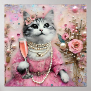 Katt i en Rosa med pärlor Poster