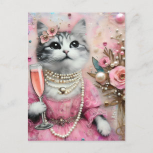 Katt i en Rosa med pärlor Vykort