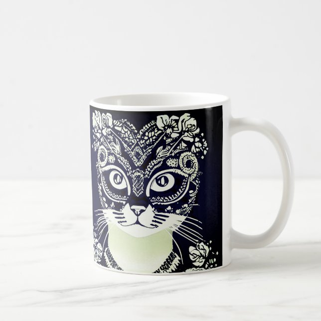 Katt i en svart och vit mardi Gras Mask Kaffemugg (Höger)