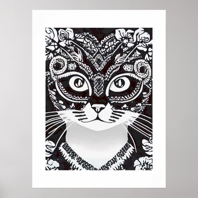 Katt i en svart och vit mardi Gras Mask Poster (Framsidan)