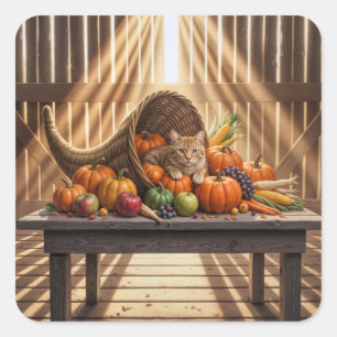 Katt i en Thanksgiving-overflödsfylld korg Fyrkantigt Klistermärke