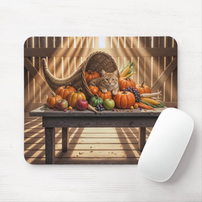 Katt i en Thanksgiving-overflödsfylld korg Musmatta (Med mus)