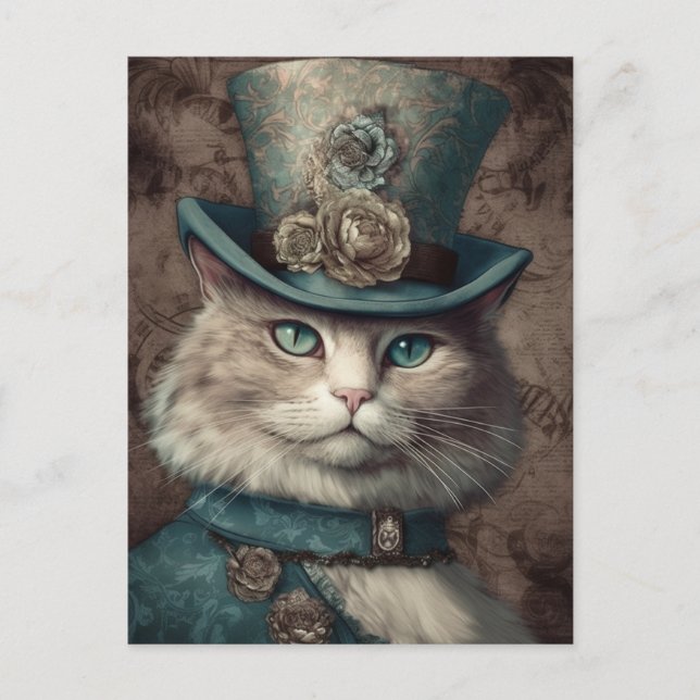 Katt i en Tophat Steampunk Vintage Vykort (Framsida)